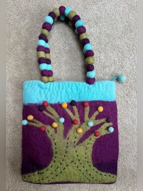 Rising Tide Felt Tree Tote in Aqua, Purple & Olive with Multicolor Accents